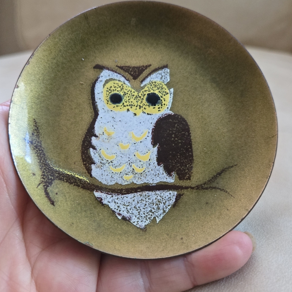 Small Owl Dish Painted Enamel on Copper Vintage Bovano Catch All Boho Fall Decor